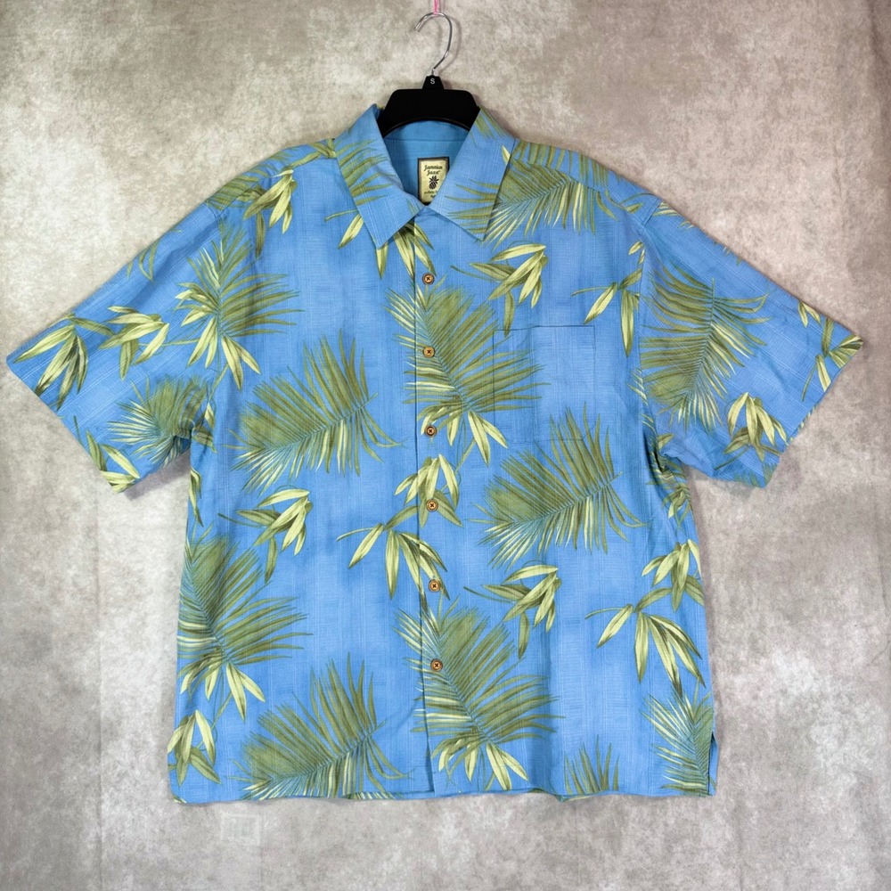 Jamaica Jaxx Shirt Mens XL Blue Palm Leaf 100% Silk Tropical Floral Button